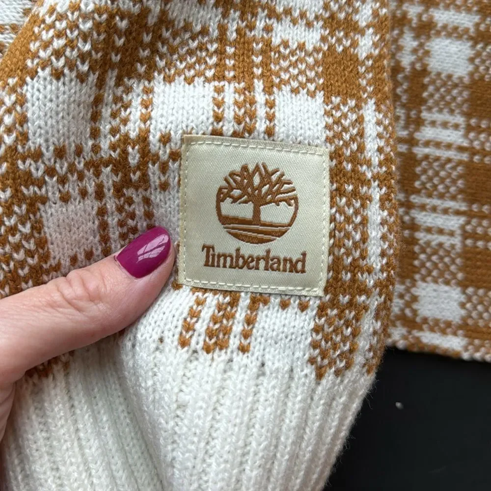 NWT Timberland Buffalo Plaid Knit‎ Scarf Cozy Logo Checkered Tan Cream